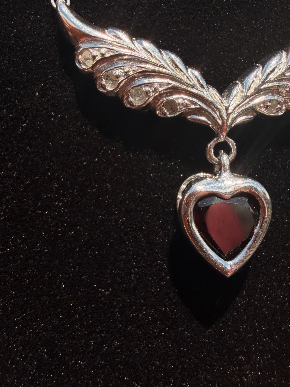 Garnet & Diamond Winged Heart Necklace Sterling Silver 19” AAA 1 CTW